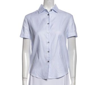 Jourden short sleeve striped button up shirt smocked back cut out back blue